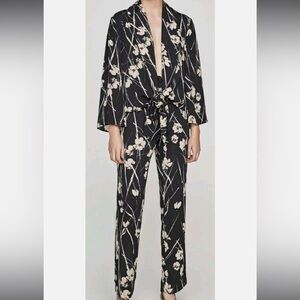 ZARA Floral Botanical Two-Piece Flowy Jacket Trousers Suit Blue Sz XS and Small